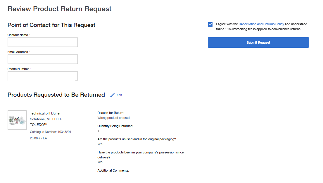 Select the Products You Wish to Return page on Fisher Scientific's website with shipping info, return eligibility, and return restrictions. Includes fields for reason, quantity, product condition, and photo upload. 'Continue' button at the top right.
