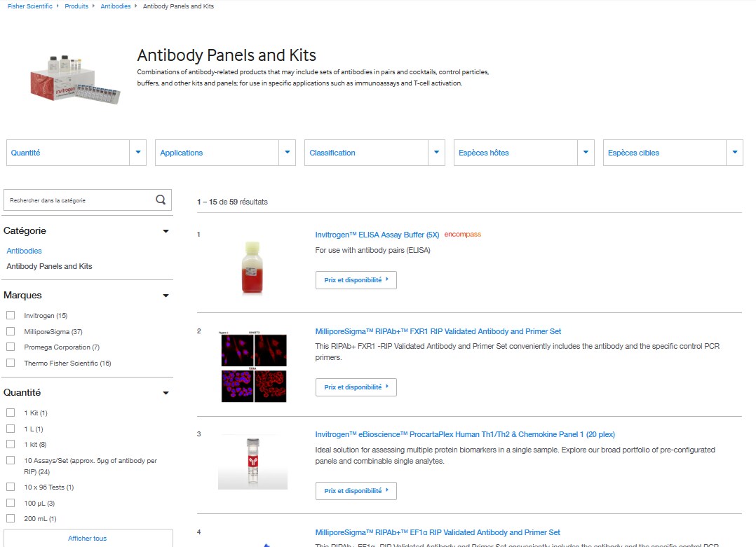Antibody Panels and Kits page on Fisher Scientific's website with filters, search bar, and categories for antibodies and brands.