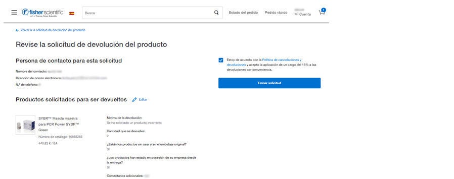 Product Return Request Confirmation page on Fisher Scientific's website confirming the return request. Includes order information, contact details, and product return details. 'Continue Shopping' button is present.
