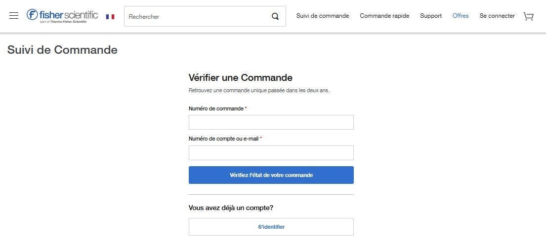 Order Status page on Fisher Scientific's website for checking a single order. Includes input fields for order number and zip code, and a button to check order status. Sign In option is available.