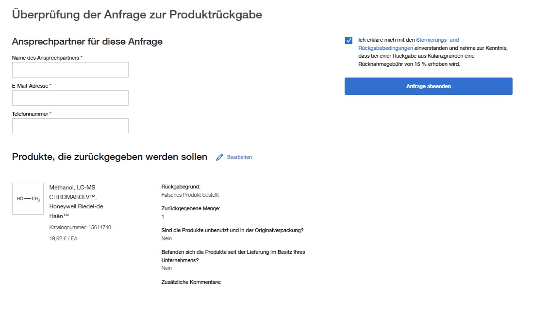 Product Return Request Confirmation page on Fisher Scientific's website confirming the return request. Includes order information, contact details, and product return details. 'Continue Shopping' button is present.
