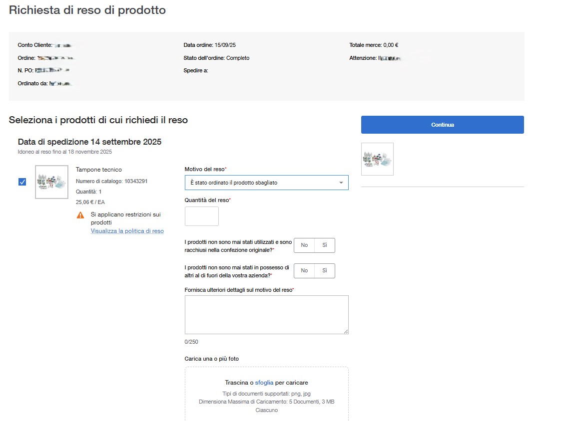 Product Return Request Confirmation page on Fisher Scientific's website confirming the return request. Includes order information, contact details, and product return details. 'Continue Shopping' button is present.