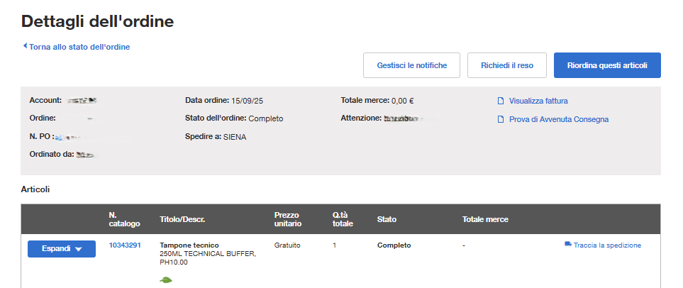 Order Details page on Fisher Scientific's website with order information and options to manage notifications, request a return, and reorder items. Includes a table with item details.