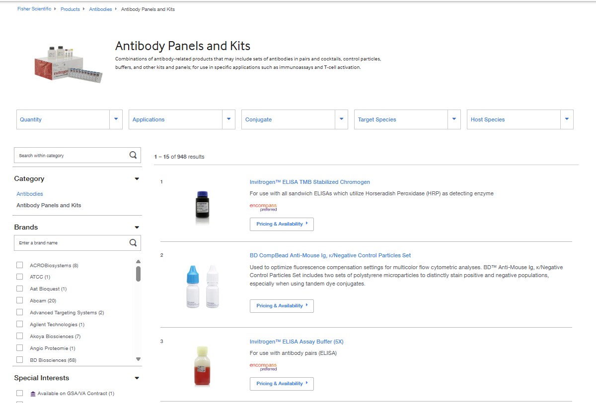 Antibody Panels and Kits page on Fisher Scientific's website with filters, search bar, and categories for antibodies and brands.