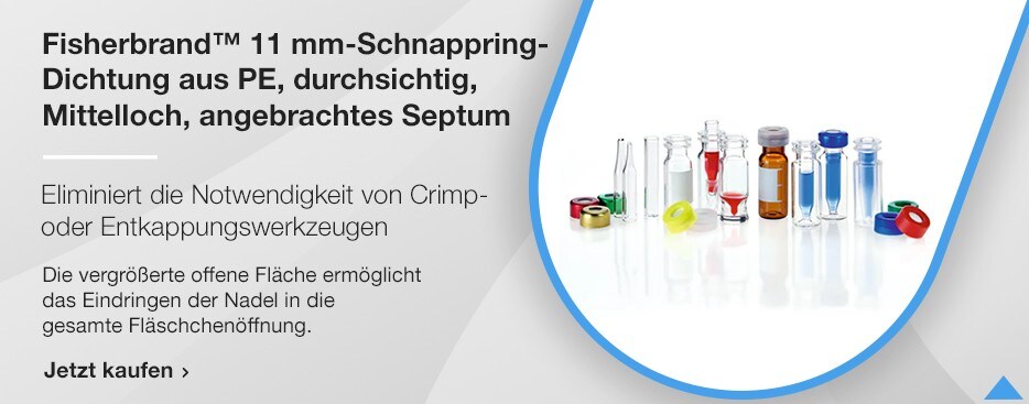 Fisherbrand™ 11 mm-Schnappringdichtung aus PE, durchsichtig, Mittelloch, angebrachtes Septum Fisherbrand™ 11 mm-Schnappringdichtung aus PE, durchsichtig, Mittelloch, angebrachtes Septum